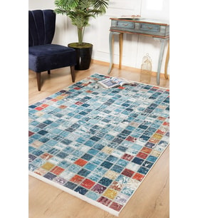 Dijital Kaymaz Yıkanabilir Mavi Patchwork Salon Halısı Mutfak Halısı Koridor Halısı Yolluk HLN1255