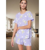 Kadın %100 Pamuklu Regular Kalıp Ayıcıklı Pijama Takımı Özenle Seçilmiş Trend Tasarım (Lila)