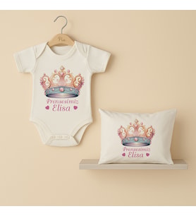 Pia Baby Premium %100 Pamuk İsme Özel Organik Baskılı Çıtçıtlı Bebek Body Ve Yastık Kılıfı 5047-19 (Ekru)