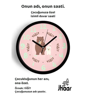 İsme Özel Sevimli Tavşan ve Ayı Çocuk Odası Duvar Saati Orta Boy 30 cm Siyah Camlı Sessiz