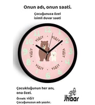 İsme Özel Sevimli Tavşan ve Ayı Çocuk Odası Duvar Saati Orta Boy 30 cm Siyah Camlı Sessiz