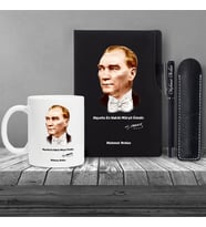 Kişiye Özel Atatürk Silüet  UV Baskılı Siyah Defter & Siyah Roller Kalem ve Kupa Seti