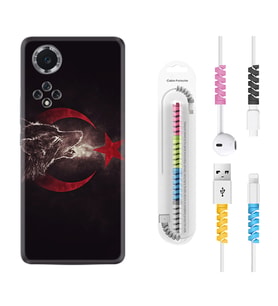 Huawei Nova Y70 Y90 Nova 9 SE  Kılıf Kablo Koruma Spiral Silikon Kurt ve Ay Yıldız 1403