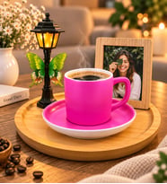 Kişiye Özel Fotoğraflı Sokak Lambalı Ahşap Tabanlı Lüks Pembe Kahve Fincanı