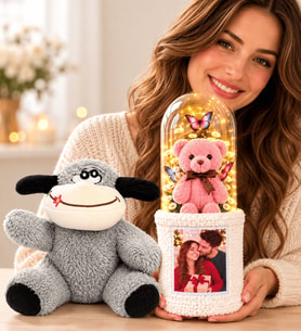 Kişiye Özel Fotoğraflı LED Işıklı Fanuslu Ayıcık Buketi ve Peluş Eşek Hediye Seti