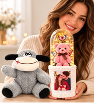 Kişiye Özel Fotoğraflı LED Işıklı Fanuslu Ayıcık Buketi ve Peluş Eşek Hediye Seti