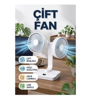 Çift Başlıklı USB Şarjlı Masaüstü Fan Gece Lambalı Ayarlanabilir Hızlı Serinletici