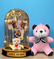 Size Özel Tasarlanacak Led Işıklı Fanus ve Pembe Peluş Anahtarlık Hediye Seti (Model 3)