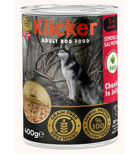 KLICKER 12 ADET JÖLELİ PARÇA ETLİ YETİŞKİN KÖPEK KONSERVE YAŞ MAMASI SOMONLU 400 GR