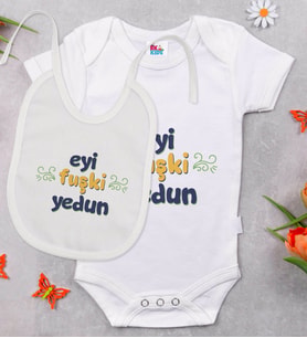 BK Kids Eyi Fuşki Yedun Tasarımlı Beyaz Bebek Body Zıbın ve Mama Önlüğü Hediye Seti-1