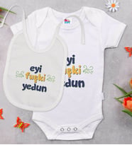 BK Kids Eyi Fuşki Yedun Tasarımlı Beyaz Bebek Body Zıbın ve Mama Önlüğü Hediye Seti-1