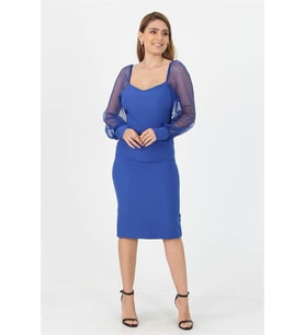 Neşeli butik kadın yeni sezon kolları tül midi boy likralı elbise NB10004 (Saks)