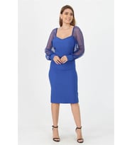 Neşeli butik kadın yeni sezon kolları tül midi boy likralı elbise NB10004 (Saks)
