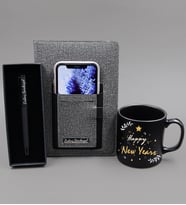 Yılbaşına Özel Happy New Years Kupa & Telefon Cepli Gri Defter & Siyah Mat Roller Kalem Hediye Seti