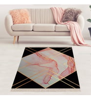 Geometrik Mermer Desenli Gold Dijital Baskı Yıkanabilir Kaymaz Taban Leke Tutmaz Modern Salon Halısı