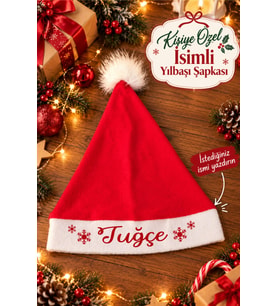 Kişiye Özel İsimli Yılbaşı Şapkası Yetişkin Noel Baba Şapkası Baskılı Kırmızı Beyaz Ponponlu