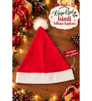 Kişiye Özel İsimli Yılbaşı Şapkası Yetişkin Noel Baba Şapkası Baskılı Kırmızı Beyaz Ponponlu