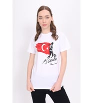 Toontoy Unisex Bisiklet Yaka Atatürk Baskılı Tişört (Beyaz)