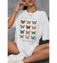 Kelebek Baskılı Pamuklu Oversize Tişört (Beyaz)