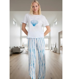 Kadın Rahat Viskoz Örme Pijama Takımı Çizgili Desenli Ev Giyim Seti Özenle Seçilmiş Dayanıklı Malzem (Beyaz-Mavi)