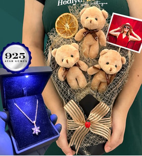 Fotoğraflı Büyük Boy Peluş Ayıcık Buketi ve Işıklı Kutusunda 925 Ayar Gümüş Lotus Kolye (Model 5)