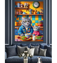 Kedi Aşçı Yemek Yapıyor Dekoratif Kanvas - Mdf Ahşap Tablo