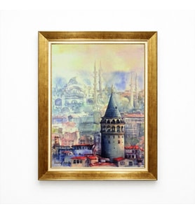 Tablore Sulu Boya Tarihi Galata Kulesi Altın Çerçeveli Salon Duvar Tablosu