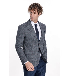 Ekose Desen Slim Fit Lacivert Erkek Ceket - Wessi