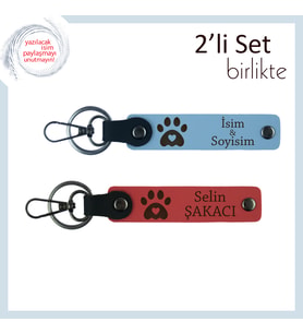 Hayvanları Seven Çiftler İçin Tasarlanmış, Pati Kalpli Deri Anahtarlık Seti, Gök Mavi-Nar Çiçeği