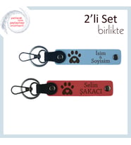 Hayvanları Seven Çiftler İçin Tasarlanmış, Pati Kalpli Deri Anahtarlık Seti, Gök Mavi-Nar Çiçeği