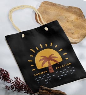 BK Gift Yaz Temalı Siyah Halat Saplı Kumaş Plaj Çantası -21, Baskılı Omuz Çantası, Alışveriş Çantası, Arkadaşa Hediye, Sevgiliye Hediye