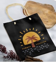 BK Gift Yaz Temalı Siyah Halat Saplı Kumaş Plaj Çantası -21, Baskılı Omuz Çantası, Alışveriş Çantası, Arkadaşa Hediye, Sevgiliye Hediye