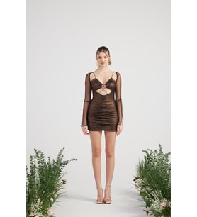 Parlak Kumaşlı Bodysuit Etek Lunor Takım Kahve