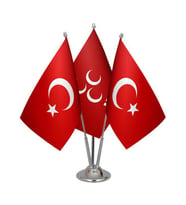 Masa Üstü MHP Bayrağı Türk Bayrağı Üçlü Krom Direk Masa Bayrak Seti
