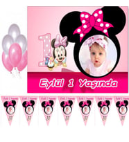 Hayaller Dükkanı Minnie 1 yaş Çocuğunuza Özel Fotoğraflı Afiş ve Flama Seti, Doğum Günü Süsleri 1 yaş