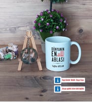Ablaya Hediye Kupa Bardak Beyaz ve Fotoğraflı Ahşap Anahtarlık Hediye (Model 1)