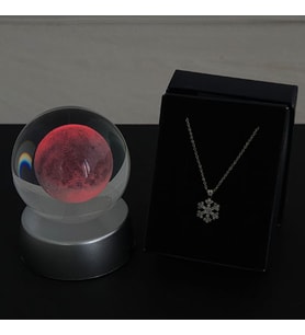 Kar Kolye Özel Kutuda & Ay Dolunay Model Cam Küre Işıklı Standlı Set Hediye