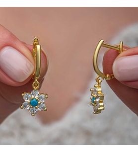 Gümüş Mavi Taşlı Gold Çiçek Kadın Küpe