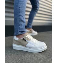 Warrior Bağcıklı ve Fermuarlı Cilt Süet Erkek Günlük Sneaker Ayakkabı CSBT - Beyaz/Krem (Beyaz Ten)