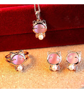 Kedicik Taşlı, Altın Kaplama(18GP) Kolye, Küpe, Yüzük ,Takı Seti (Pembe)