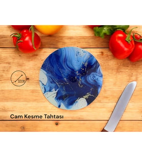Cam Kesme Tahtası* Mutfak Tahtası 32cm Mermer Mavisi Altın Görünümlü