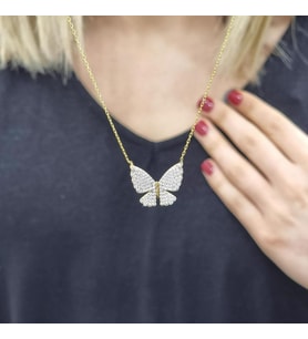 3 Boyutlu 2 parçalı Kelebek Zirkon Taşlı Gold Kaplama 925 Ayar Gümüş Kolye (Karışık)