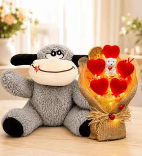 LED Işıklı Kırmızı Kalp Buketi ve Peluş Eşek Hediye Seti