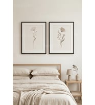 Sakin Minimalist Çiçek Çizimleri 2’li Ahşap Çerçeveli Tablo Seti