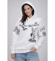 3 İplik Pamuklu Kapüşonlu Baskılı SweatShirt Hoodie - Beyaz