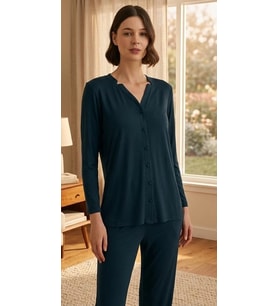 Bicomi Önden Düğmeli, Kolay Kullanım Gece Mavisi Şık Pijama Seti