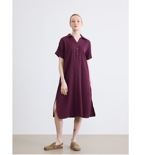 LCW EVERYDAY Mürdüm Gömlek Yaka Dokulu Oversize Müslin Elbise