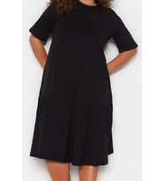 Moda Stil Relaxed Bisiklet Yaka Midi Boy Büyük Beden Volanlı %100 Pamuk Örme Elbise