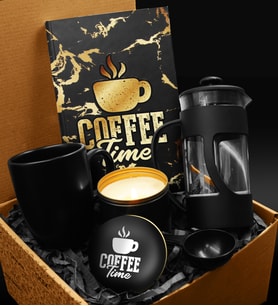 Siyah Kupa & Özel Tasarım Defter & French Press & Özel Tasarım Mum Hediye Seti