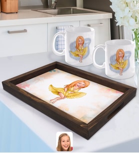 BK Gift Kişiye Özel Marilyn Monroe Karikatürlü Doğal Ahşap Tepsi ve 2’li Kupa Bardak Seti-1